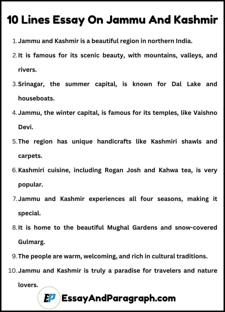 10 lines Essay On Jammu And Kashmir