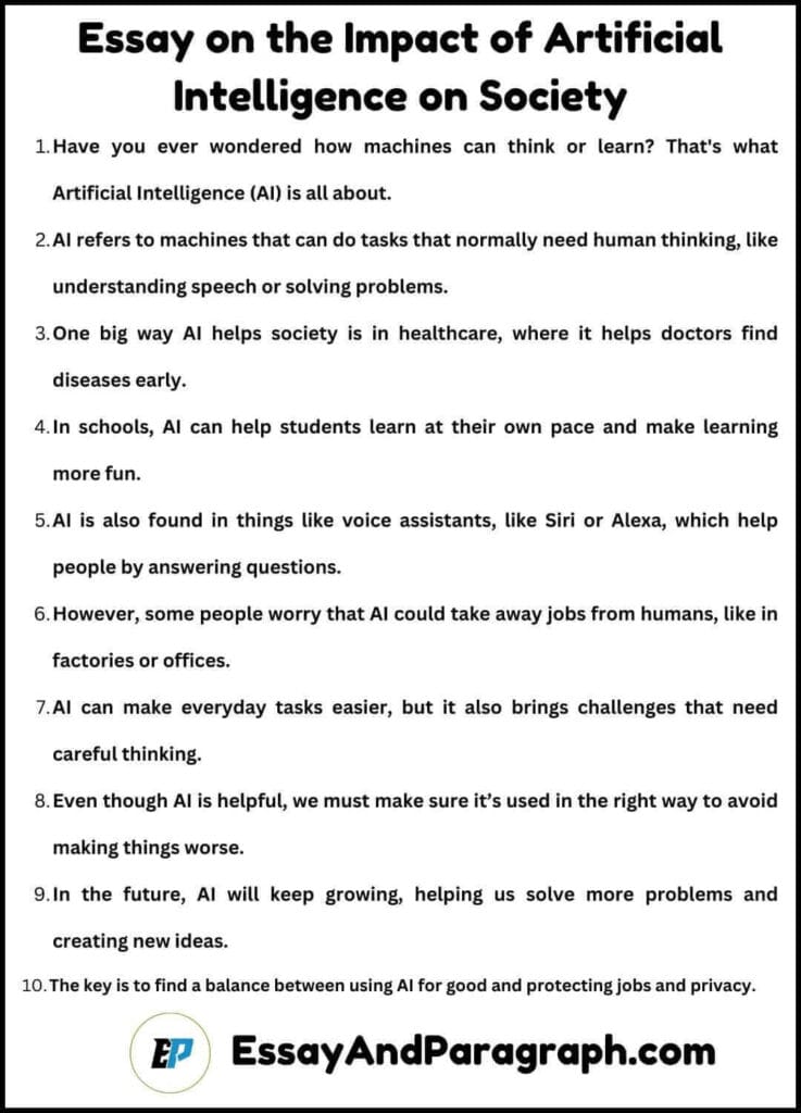 10 lines Essay on the Impact of Artificial Intelligence on Society