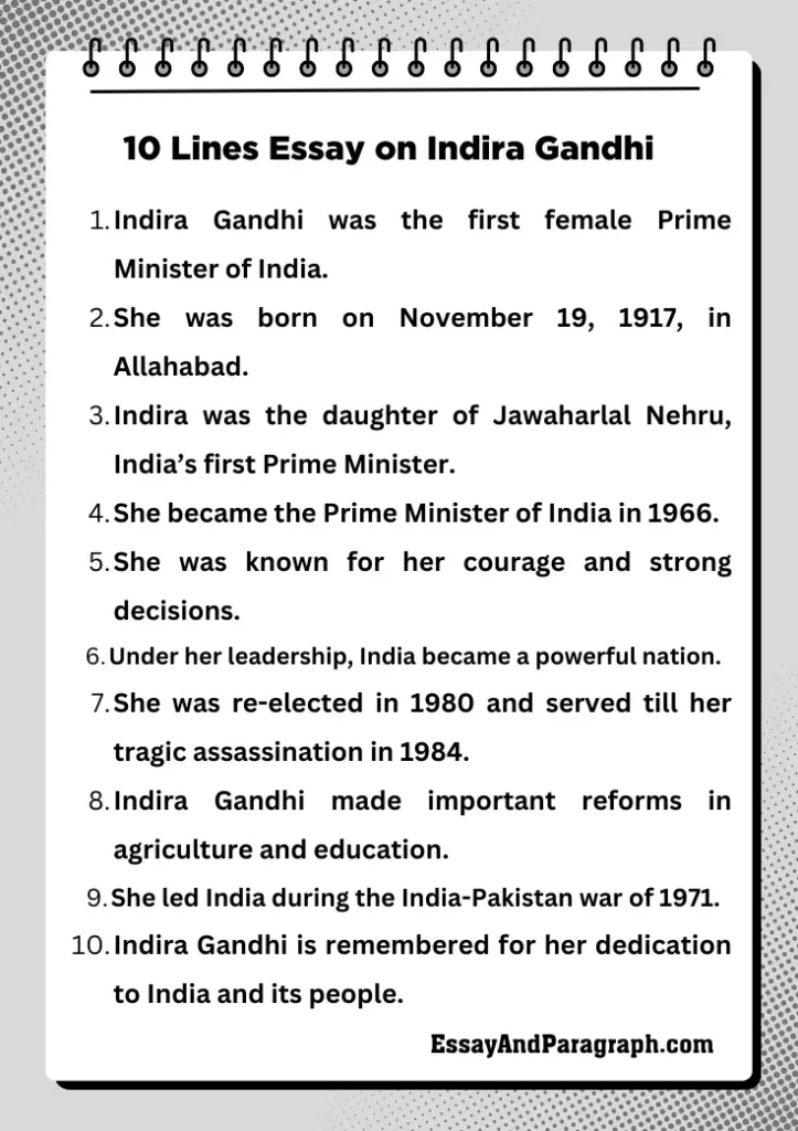 10 Lines Essay on Indira Gandhi