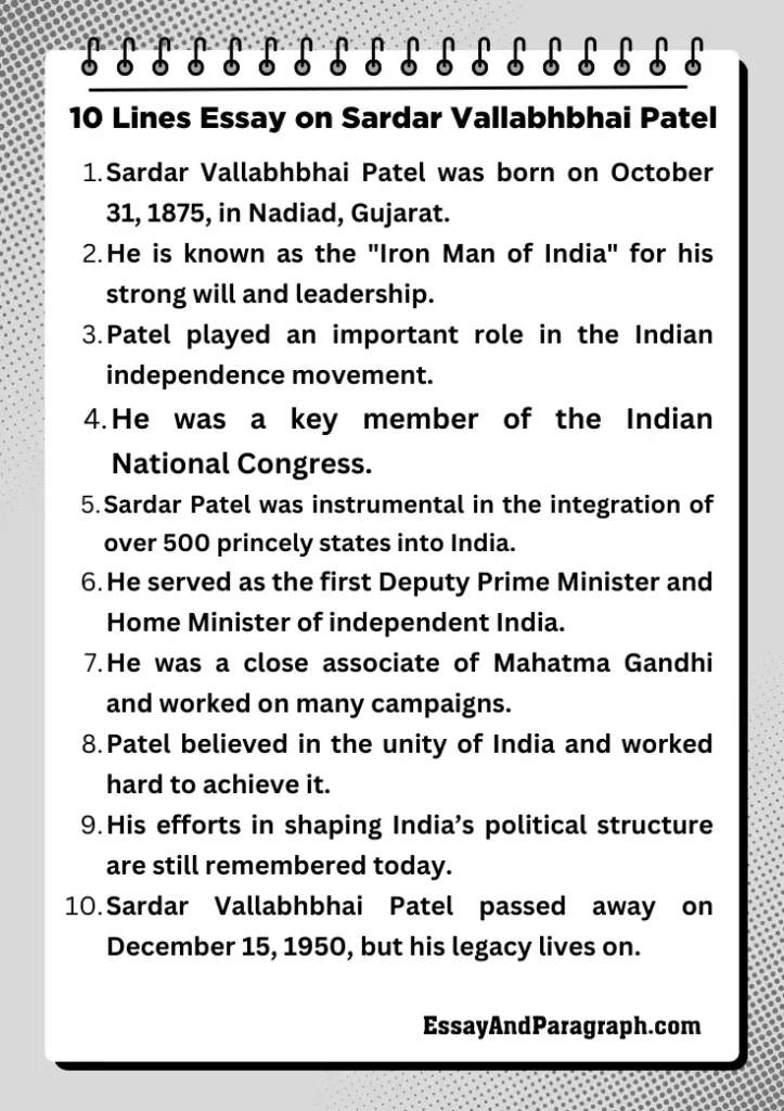 10 Lines Essay on Sardar Vallabhbhai Patel