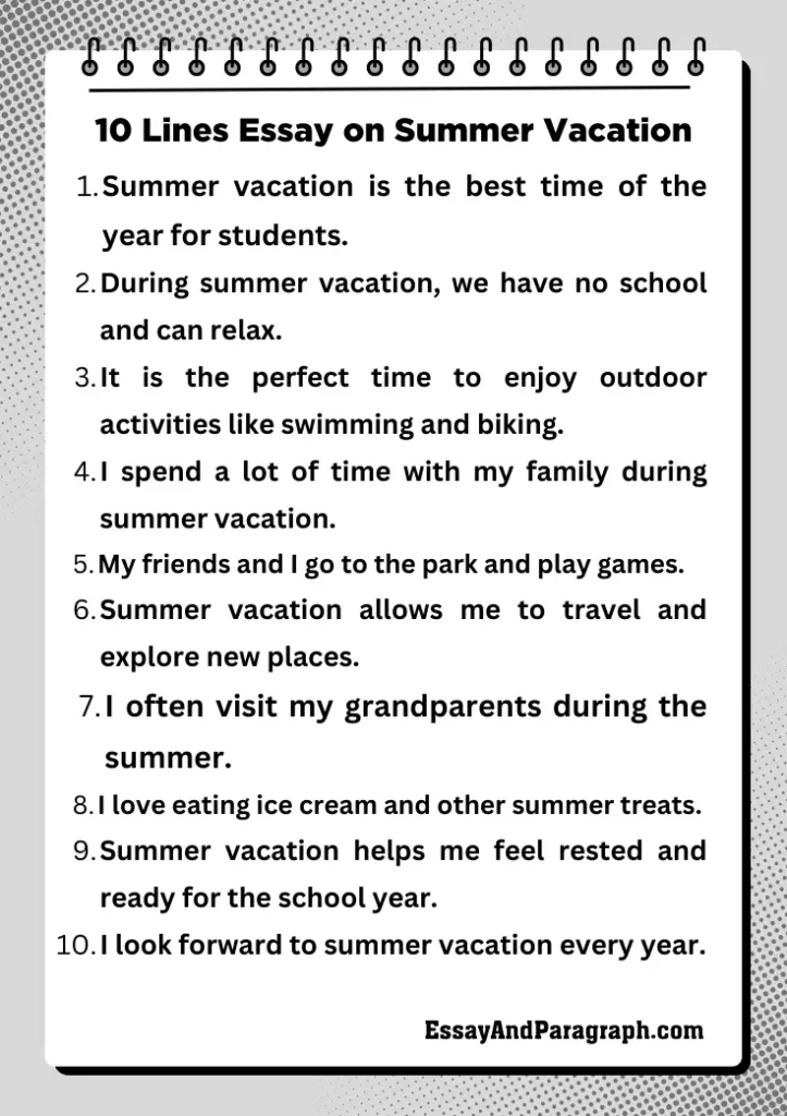 10 Lines Essay on Summer Vacation