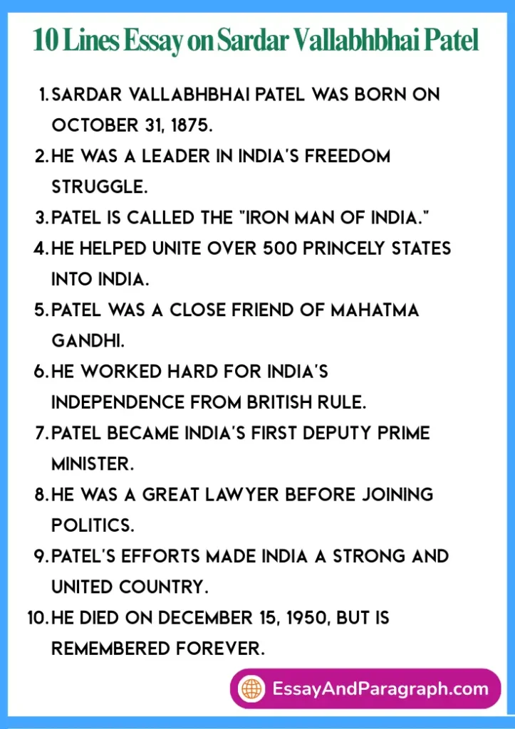 10 Lines Essay on Sardar Vallabhbhai Patel